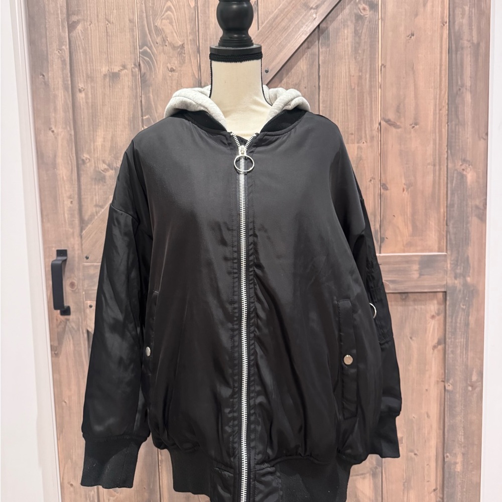 Black Bomber Jacket with Gray Hood